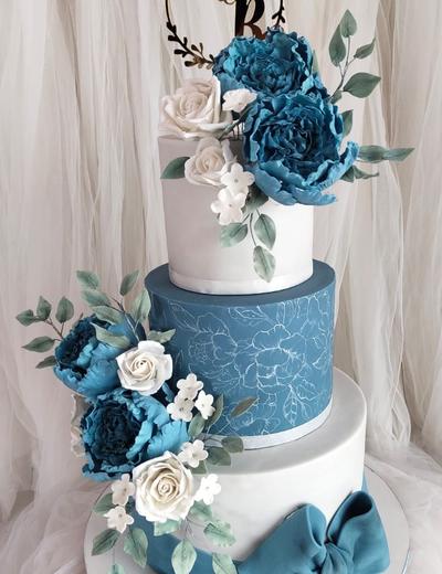 Teal Peony Dreams — custom cake by Sweet Petal Cakes, Bangalore